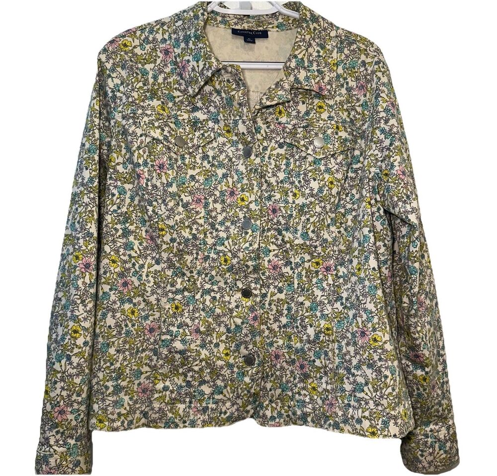 Charter Club Floral Denim Jacket Women XL Stretch Cotton Button Front